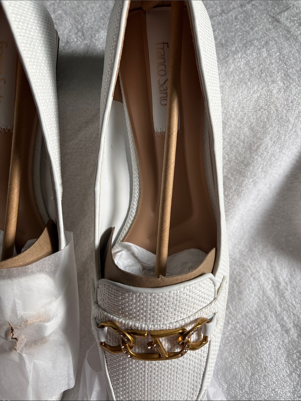Franco Sarto White Woven Loafers with Gold Chain Accent - Picture 2 of 6